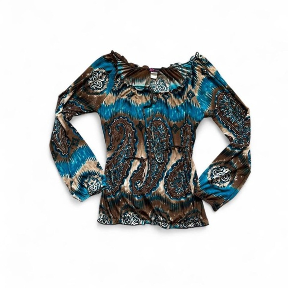 VTG y2k paisley brown blue lettuce hem wide long sleeve blouse boho fairy L